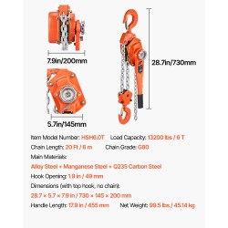 Manuaalinen vipuketjunostin 6 t 6 m G80 seosteräsketjulla kaksipäinen mekaaninen jarru