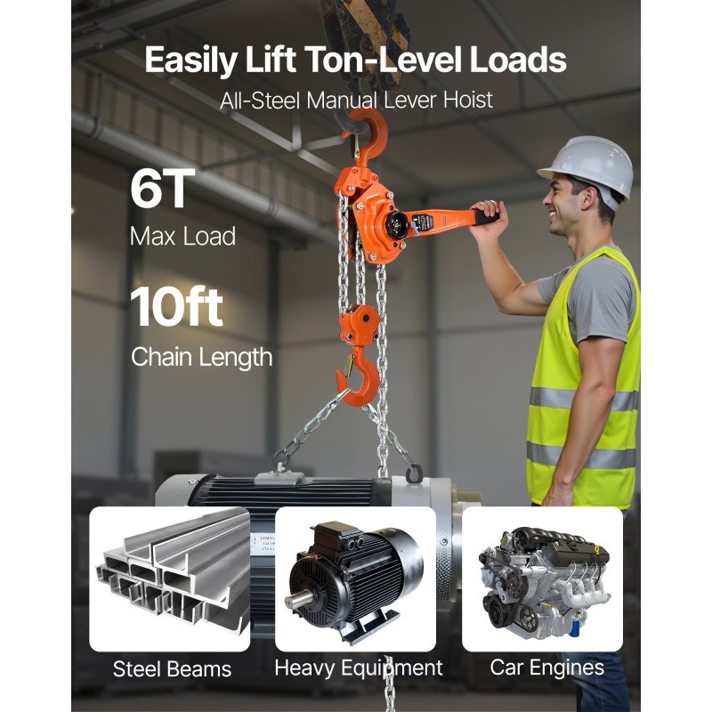 Viputoiminen ketjunostin teräsrunkoinen kuusi tonnia kolme metriä ergonominen kahva kääntyvät koukut