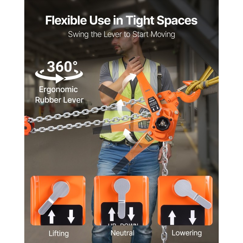 Viputoiminen ketjunostin teräsrunkoinen kuusi tonnia kolme metriä ergonominen kahva kääntyvät koukut