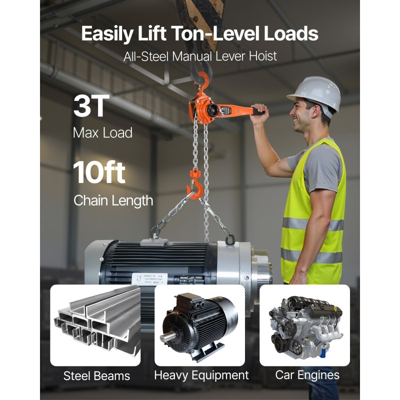 Vipukäyttöinen ketjutalja kolmen tonnin kantavuus kolmen metrin nostokorkeus korkealujuuksinen ketju kaksisalpalinen jarru