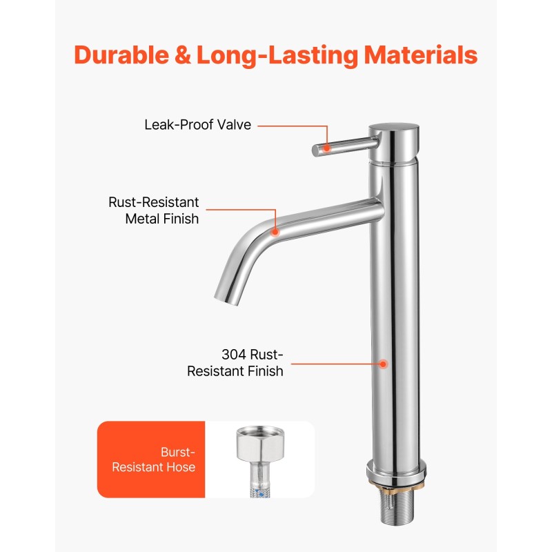Yksivipuinen pesuallashana 304-ruostumatonta terästä korkea kaari punottu letku painonapilla toimiva pohjaventtiili