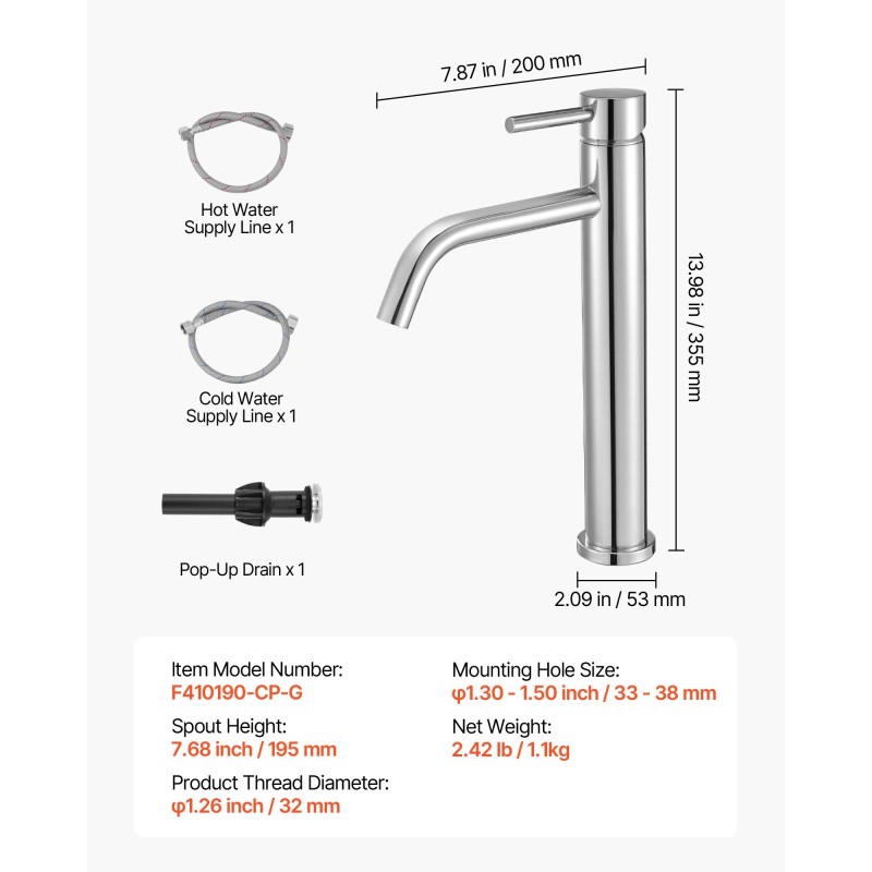 Yksivipuinen pesuallashana 304-ruostumatonta terästä korkea kaari punottu letku painonapilla toimiva pohjaventtiili