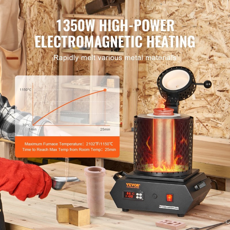 Sähköinen sulatusuuni jalometalleille 1350 wattia 1 kg ja 3 kg keraamiset upokkaat