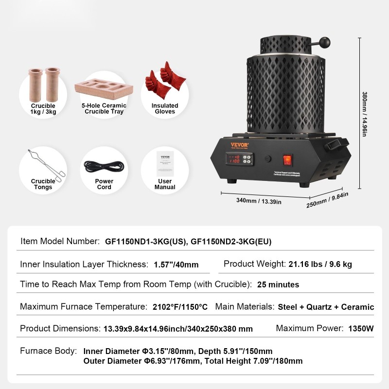 Sähköinen sulatusuuni jalometalleille 1350 wattia 1 kg ja 3 kg keraamiset upokkaat