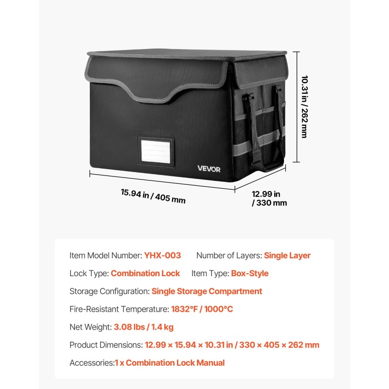 Tulenkestävä vedenpitävä asiakirjalaatikko silikonipinnoitetusta lasikuidusta 1,4 kg