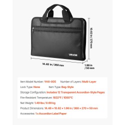 Tulenkestävä asiakirjalaukku silikonipinnoitetusta lasikuitukankaasta 12 läpinäkyvää haitarisivua kestää 1000°C