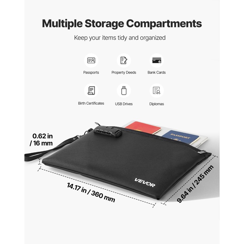 Asiakirjakansio palonkestävä 1000°C silikonipäällysteinen lasikuitukangas 245x360x16 mm vesitiivis yhdistelmälukolla