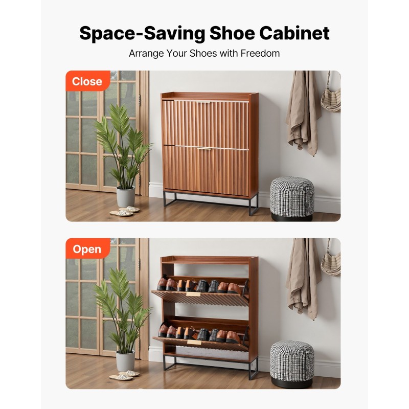 Kenkäkaappi lastulevy ja MDF 2 kääntölaatikkoa pähkinänsävy säädettävät hyllyt kaadunsuojalla