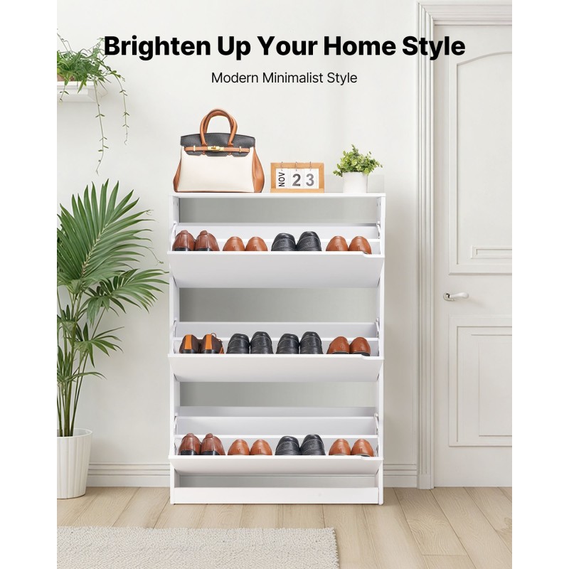 Kenkäkaappi lastulevyinen valkoinen 3 kääntölaatikkoa siirrettävät hyllyt kaadunsuojalla