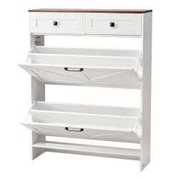 Kenkäkaappi kaksi kippikaappia kaksi vetolaatikkoa valkoinen pähkinänsävyinen kansitaso kaatumissuoja