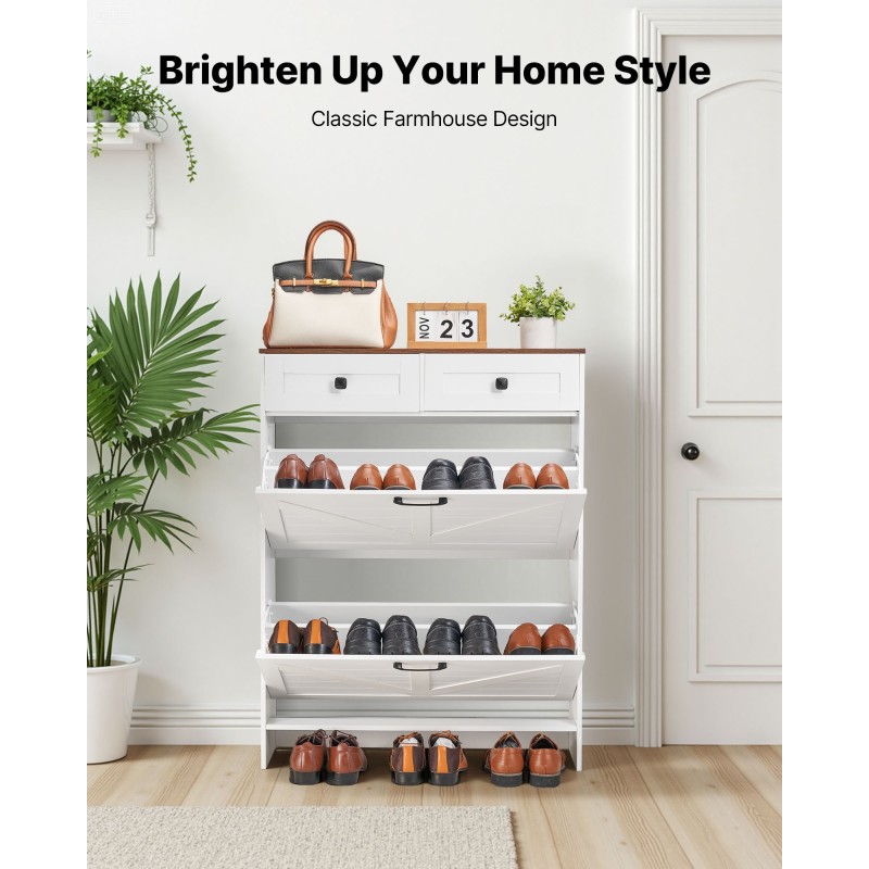 Kenkäkaappi kaksi kippikaappia kaksi vetolaatikkoa valkoinen pähkinänsävyinen kansitaso kaatumissuoja