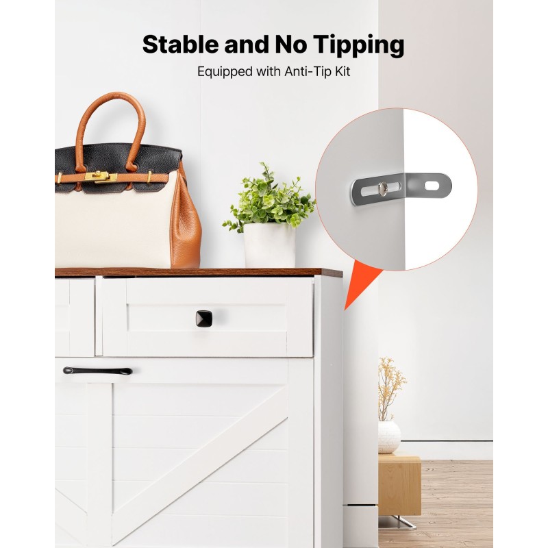 Kenkäkaappi kaksi kippikaappia kaksi vetolaatikkoa valkoinen pähkinänsävyinen kansitaso kaatumissuoja