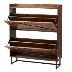 Kenkäkaappi kaksi kääntölaatikkoa ruskea lastulevy MDF metallijalat säädettävät hyllyt