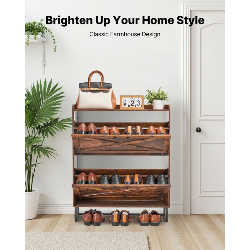 Kenkäkaappi kaksi kääntölaatikkoa ruskea lastulevy MDF metallijalat säädettävät hyllyt