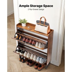 Kenkäkaappi kaksi kääntölaatikkoa ruskea lastulevy MDF metallijalat säädettävät hyllyt