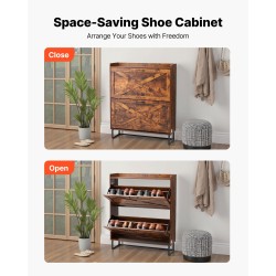 Kenkäkaappi kaksi kääntölaatikkoa ruskea lastulevy MDF metallijalat säädettävät hyllyt