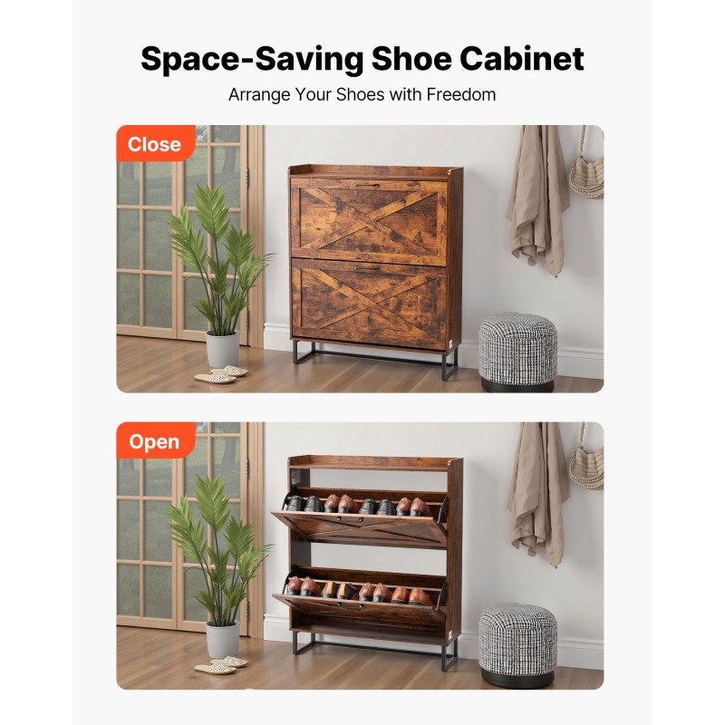 Kenkäkaappi kaksi kääntölaatikkoa ruskea lastulevy MDF metallijalat säädettävät hyllyt