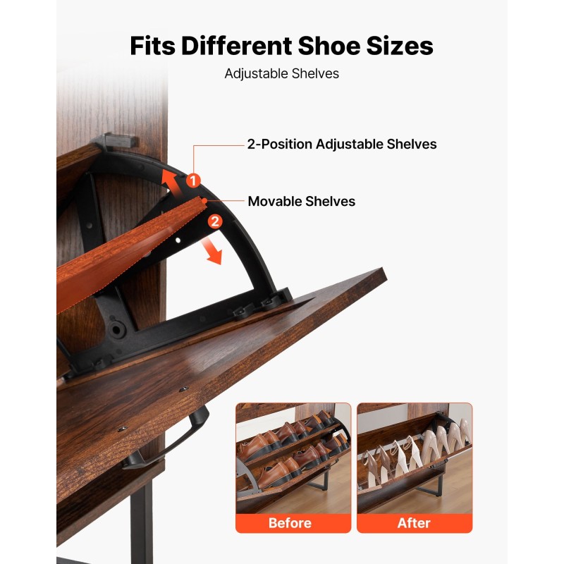 Kenkäkaappi kaksi kääntölaatikkoa ruskea lastulevy MDF metallijalat säädettävät hyllyt