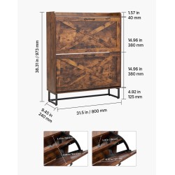 Kenkäkaappi kaksi kääntölaatikkoa ruskea lastulevy MDF metallijalat säädettävät hyllyt