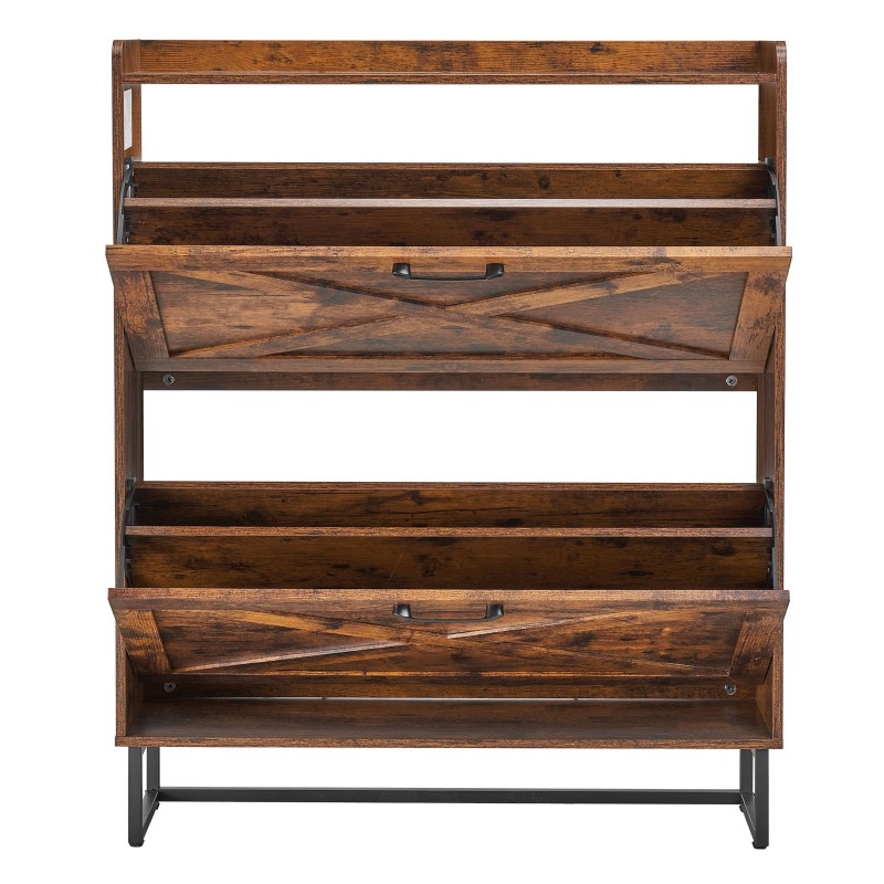 Kenkäkaappi kaksi kääntölaatikkoa ruskea lastulevy MDF metallijalat säädettävät hyllyt