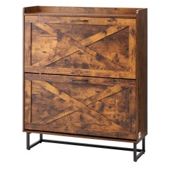 Kenkäkaappi kaksi kääntölaatikkoa ruskea lastulevy MDF metallijalat säädettävät hyllyt