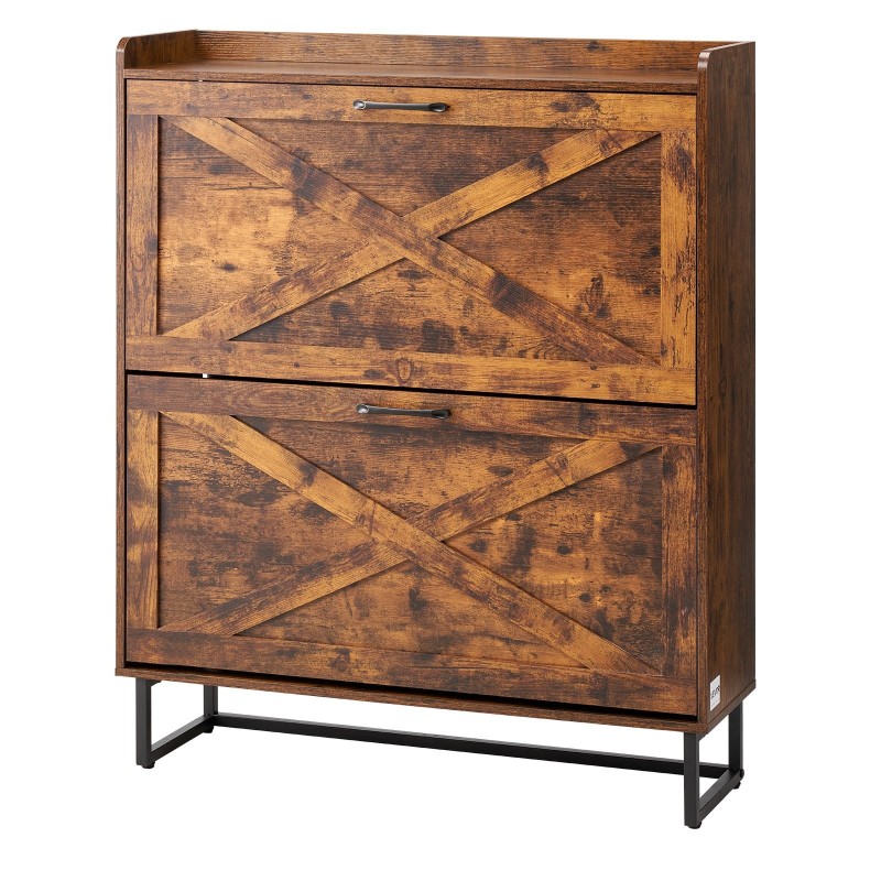 Kenkäkaappi kaksi kääntölaatikkoa ruskea lastulevy MDF metallijalat säädettävät hyllyt