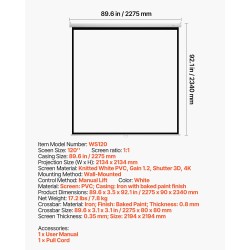 Manuaalinen alasvedettävä valkokangas 120 tuumaa neulottu valkoinen PVC rautakotelolla