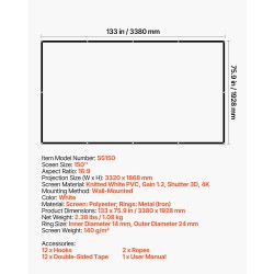 Seinäasennettava polyesterinen projektorikangas 150-tuumainen 16:9-kuvasuhde 4K-yhteensopiva