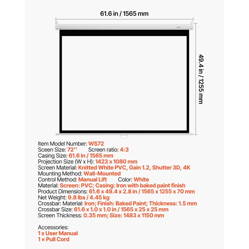 Manuaalinen 72-tuumainen projektorikangas 4:3-kuvasuhde neulottu valkoinen PVC-kangas seinäasennus