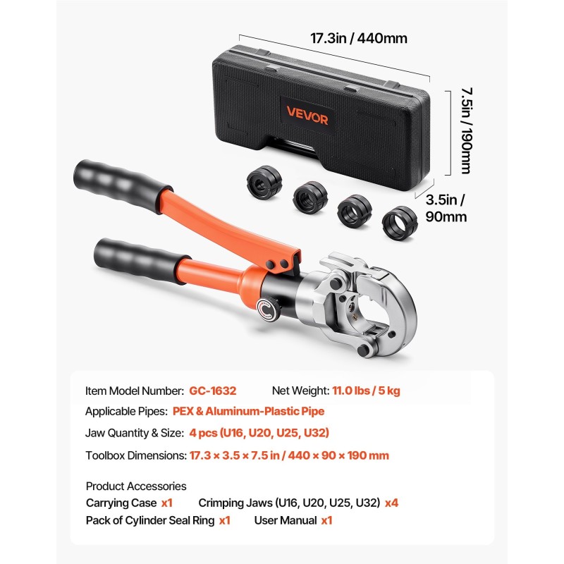 Hydraulinen puristustyökalu PEX- ja alumiinimuoviputkille neljällä vaihtoleukasarjalla