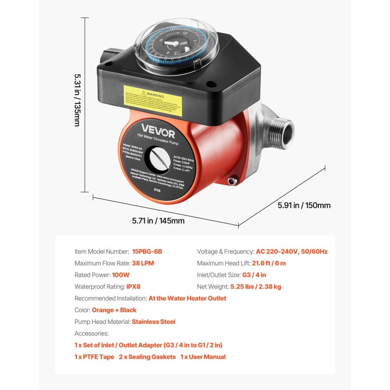 Käyttövesikiertopumppu ruostumattomalla pumppupäällä mekaanisella ajastimella lämminvesivaraajan lähtöön