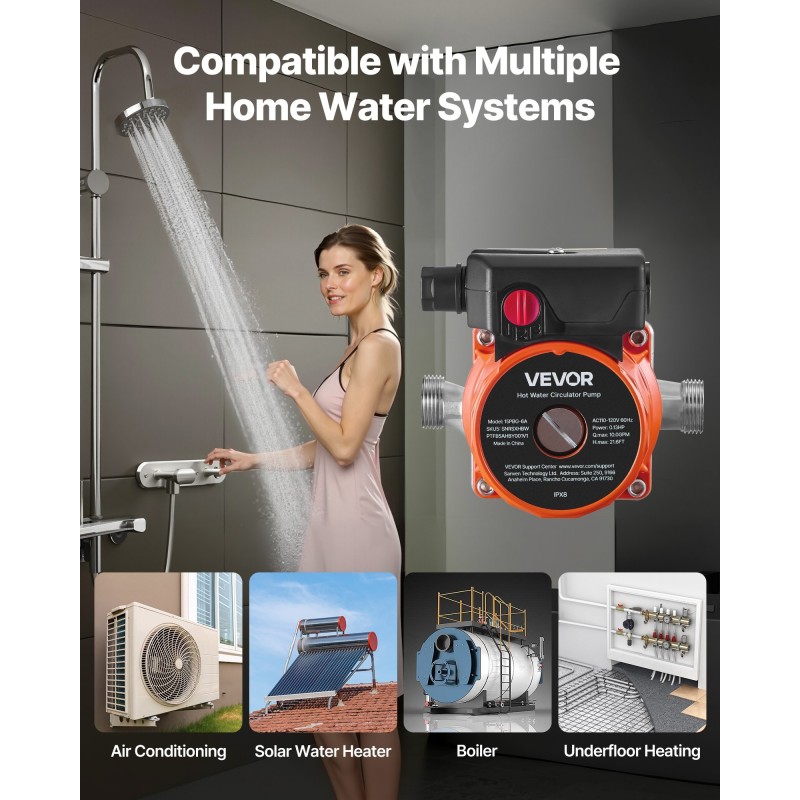 Lämminvesikiertopumppu 3-portainen ruostumaton teräspumppupää 38 l/min kotitalouksiin