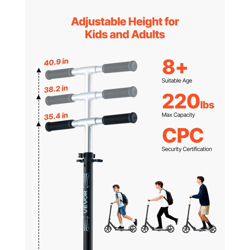 Potkulauta 2-pyöräinen musta polyuretaanirenkaat 200 mm säädettävä ohjaustanko kokoontaitettava runko