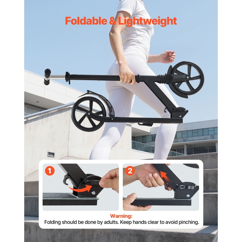 Potkulauta 2-pyöräinen musta polyuretaanirenkaat 200 mm säädettävä ohjaustanko kokoontaitettava runko