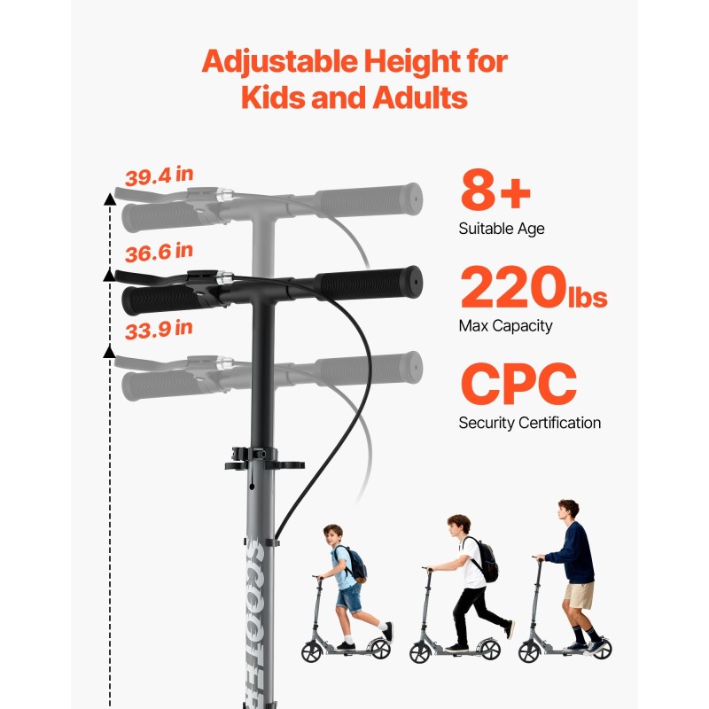 Potkulauta polyuretaanipyörillä säädettävällä ohjaustangolla alkaen 8-vuotiaille kantavuus 99,8 kilogrammaa