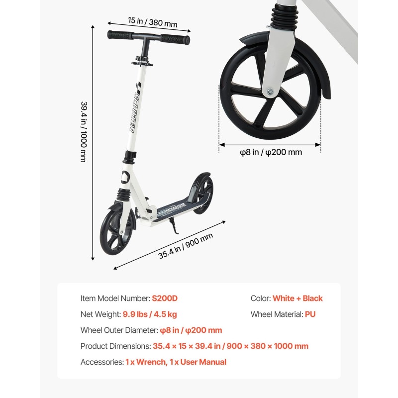 Taitettava potkulauta säädettävällä ohjaustangolla polyuretaanirenkaat 200 mm liukumaton astinlauta enintään 99,8 kg