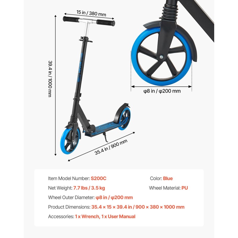 kaksipyöräinen potkulauta säädettävä ohjaustanko taittuva runko PU-pyörät enintään 99.8 kg kantavuus sininen