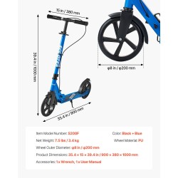 2-pyöräinen taitettava potkulauta 200 mm polyuretaanipyörät säädettävä ohjaustanko enimmäiskantavuus 99,8 kg