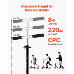 Taitettava potkulauta säädettävällä ohjaustangolla vaaleanpunainen polyuretaanirenkaat 200 mm kantavuus 99,8 kg