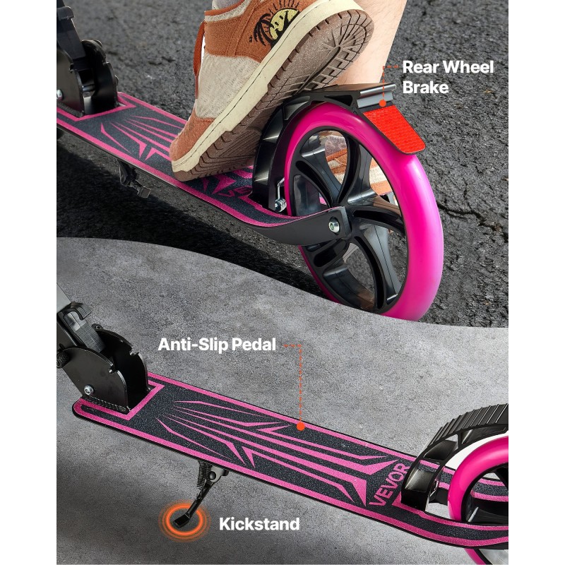 Taitettava potkulauta säädettävällä ohjaustangolla vaaleanpunainen polyuretaanirenkaat 200 mm kantavuus 99,8 kg