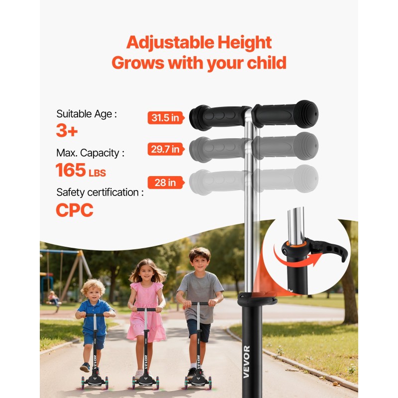 Kolmipyöräinen potkulauta lapsille alumiiniseosrunko säädettävä ohjaustanko paristottomat valopyörät leveä liukuestepinta musta