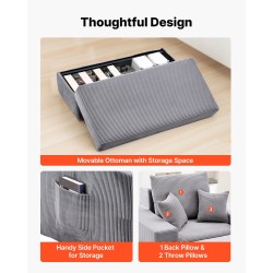 Luuton moduulimainen vakosamettiverhoiltu lepotuoli harmaa käsinojilla ja tyynyillä