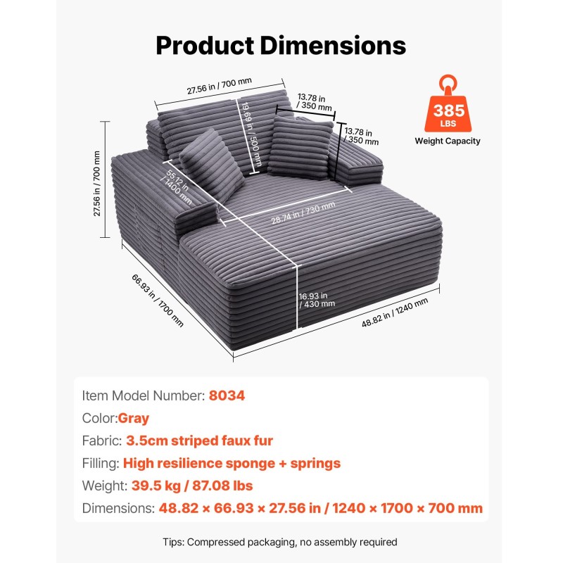 Chaiselongue lepotuoli harmaa raidallinen tekoturkispäällinen 1240×1700×700 mm korkeajoustoinen vaahto