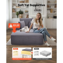 Lepotuoli tilava harmaa keinoturkisverhoilulla jousituksella ja heittotyynyillä