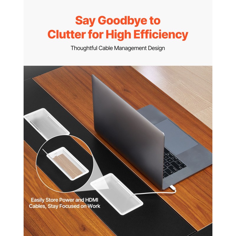 Ovaali neuvottelupöytä 1800 mm 6–8 henkilölle ruskea puukuosi mustat metallijalat kaapelinhallinta