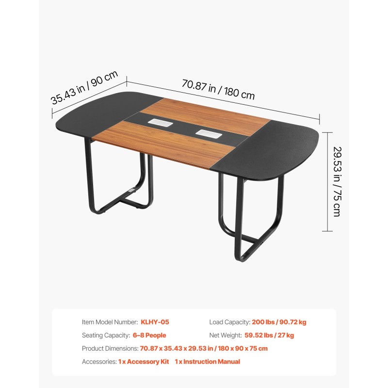 Ovaali neuvottelupöytä 1800 mm 6–8 henkilölle ruskea puukuosi mustat metallijalat kaapelinhallinta