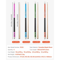 Biljardikeppisetti 4 kappaletta kanadalainen vaahterapuu 58 tuumaa kaksiosainen mattapinta