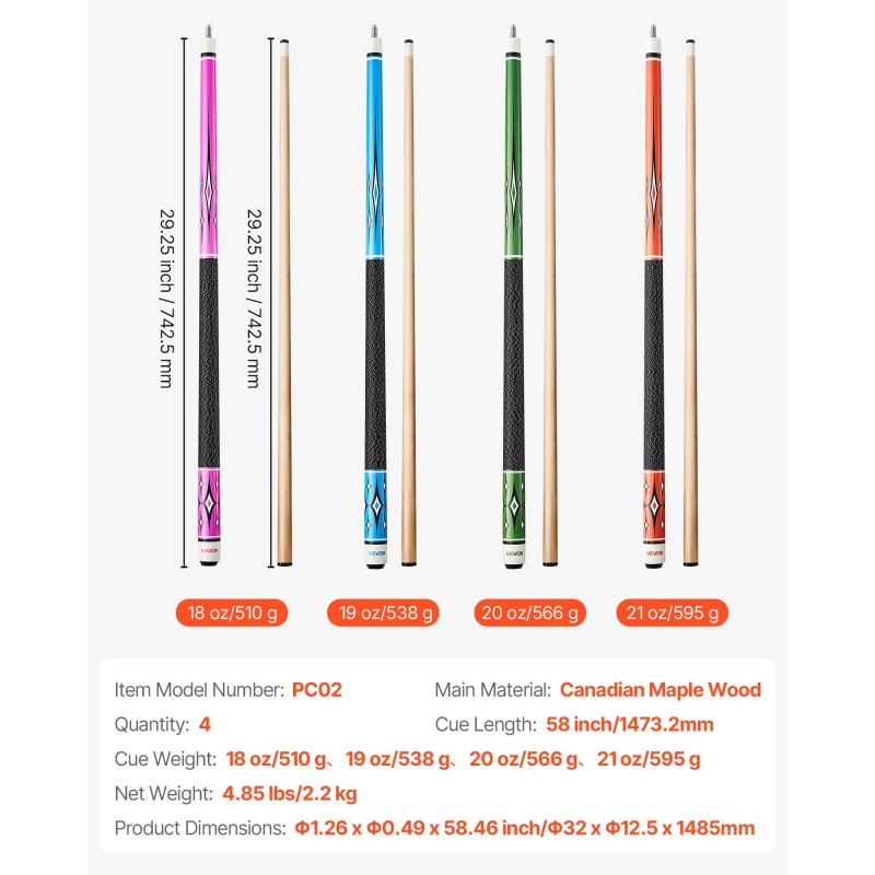 Biljardikeppisetti 4 kappaletta kanadalainen vaahterapuu 58 tuumaa kaksiosainen mattapinta