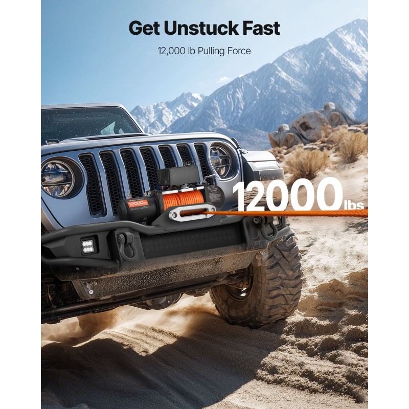 Vinssi 12V 5400 kg synteettinen köysi 23 m langaton ja johdollinen kauko-ohjaus