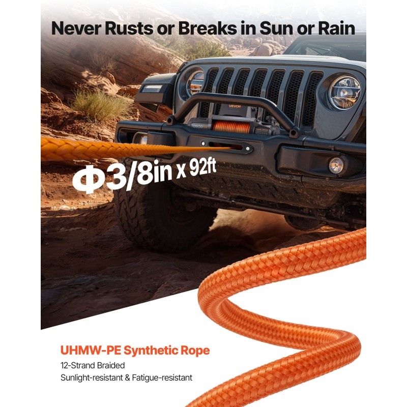 Sähkövinssi 12V vetokyky 6100 kg synteettinen köysi 9,5 mm 28 m IP67